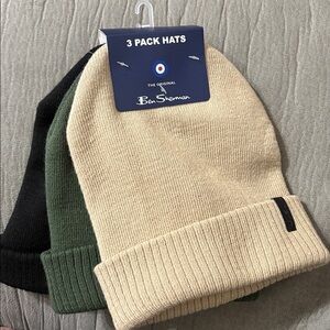 Ben Sherman Men's Knit Cuff Beanie Hats. 3 Pack in Black, Beige & Green. OS NIP